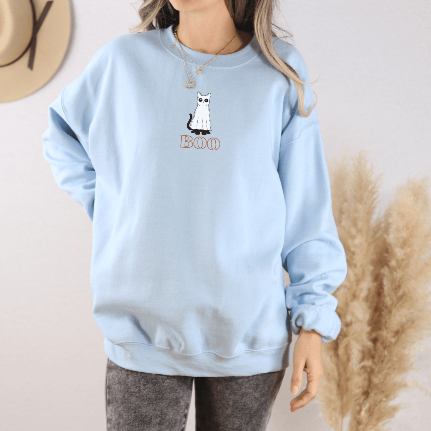 Boo Cat Sweatshirt: Embroidered Color - FallHallowsSweatshirt