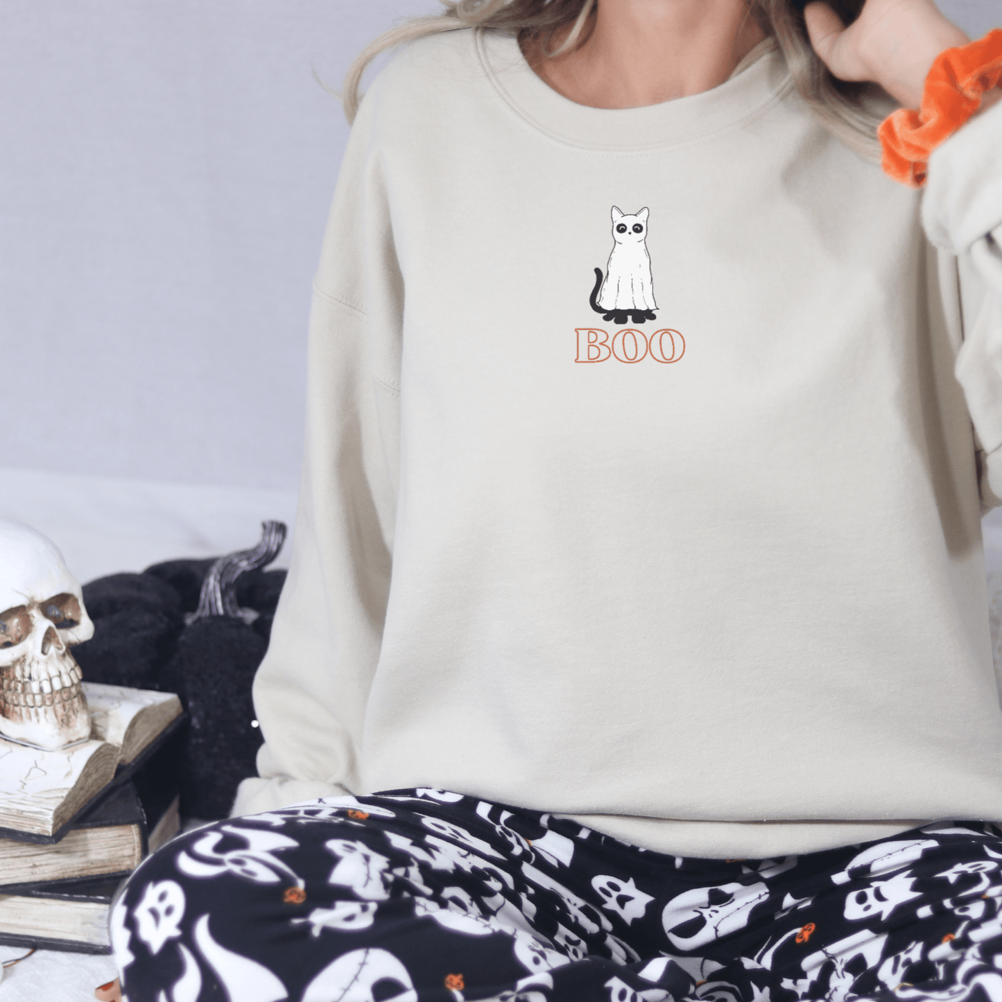 Boo Cat Sweatshirt: Embroidered Color - FallHallowsSweatshirt