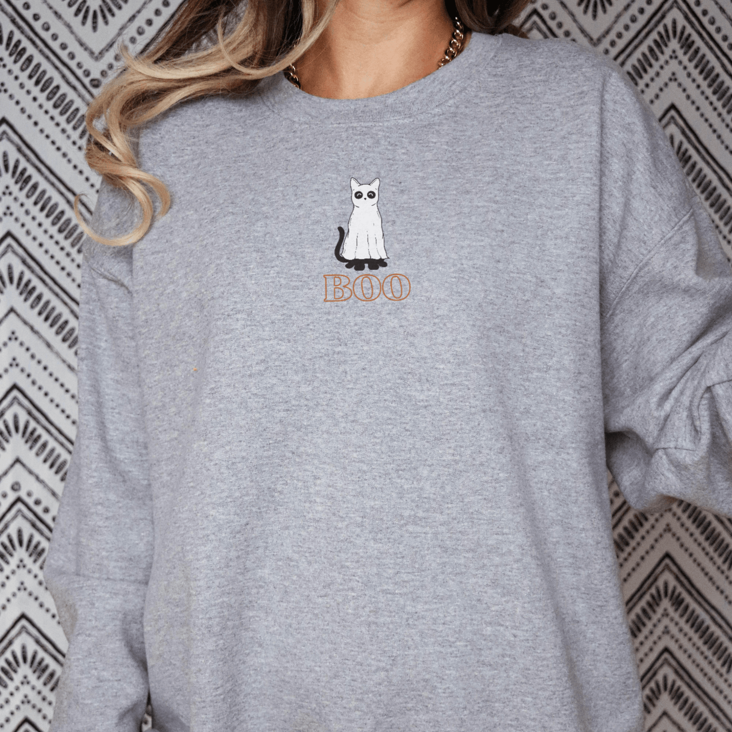 Boo Cat Sweatshirt: Embroidered Color - FallHallowsSweatshirt