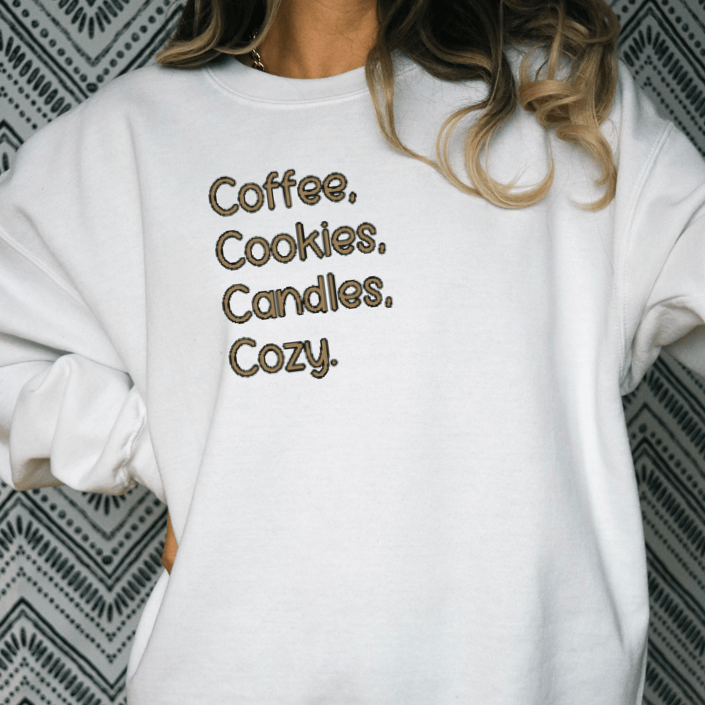 Coffee, Cookies, Candles, Cozy Embroidered Sweatshirt - FallHallowsEmbroidered Sweatshirt