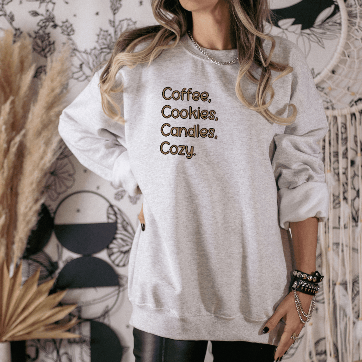 Coffee, Cookies, Candles, Cozy Embroidered Sweatshirt - FallHallowsEmbroidered Sweatshirt