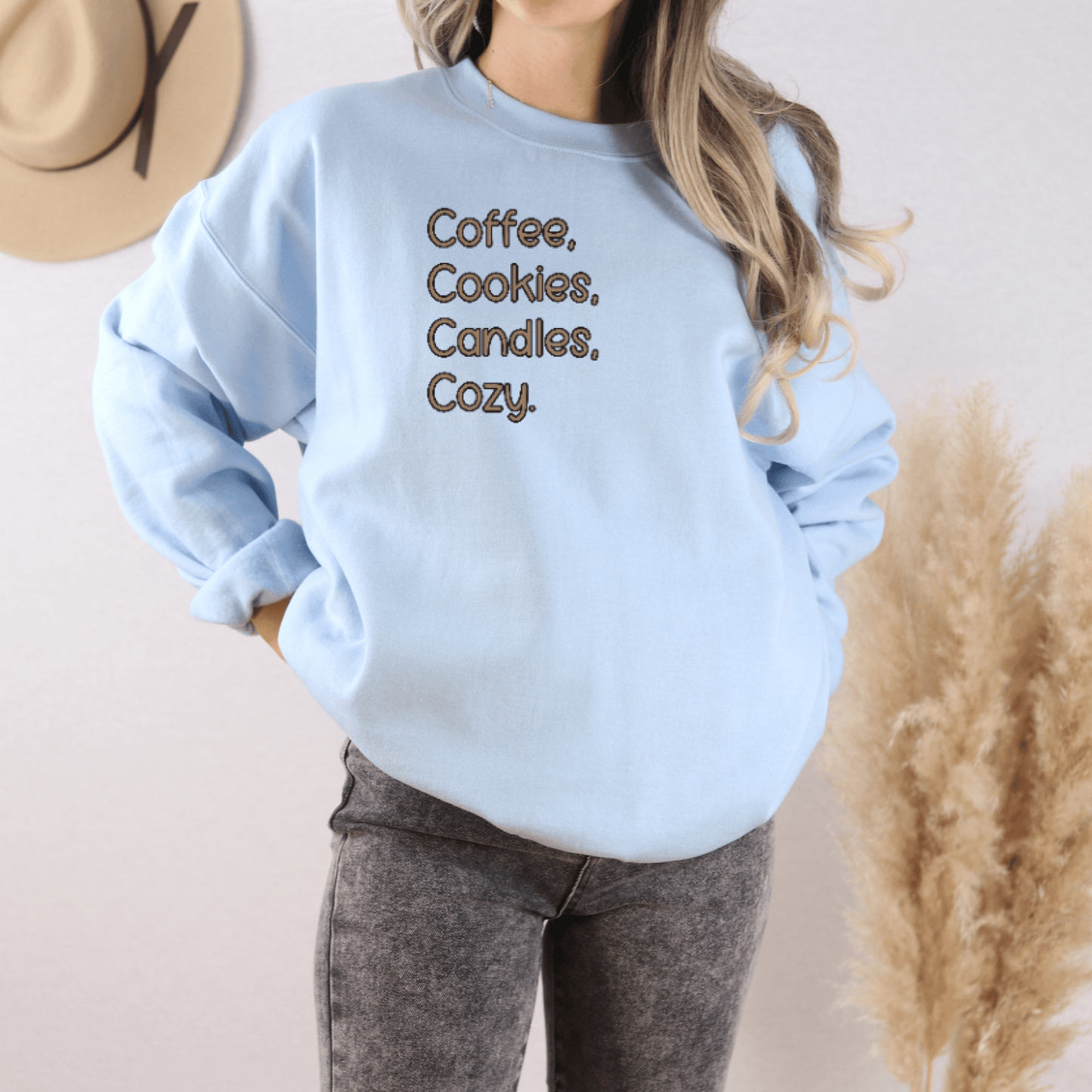 Coffee, Cookies, Candles, Cozy Embroidered Sweatshirt - FallHallowsEmbroidered Sweatshirt