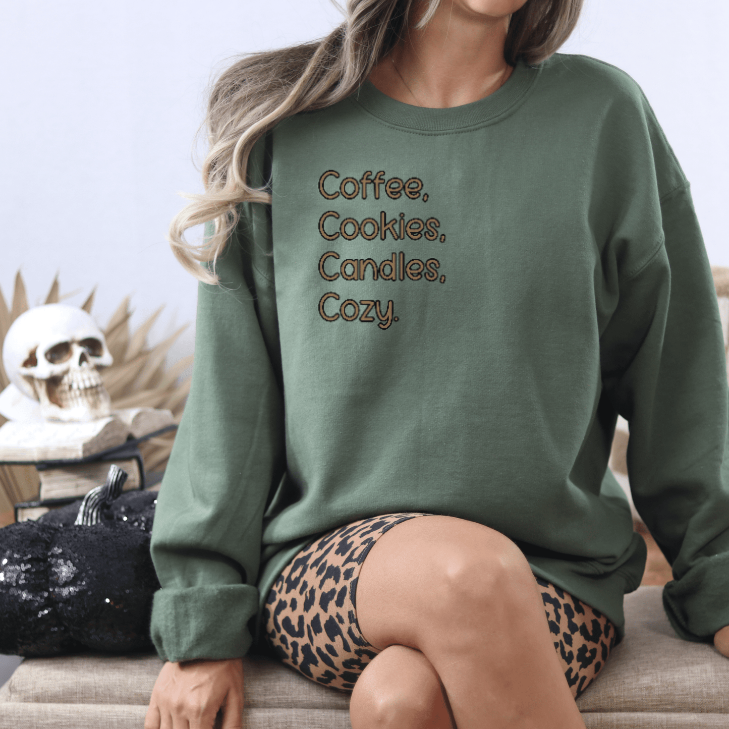 Coffee, Cookies, Candles, Cozy Embroidered Sweatshirt - FallHallowsEmbroidered Sweatshirt
