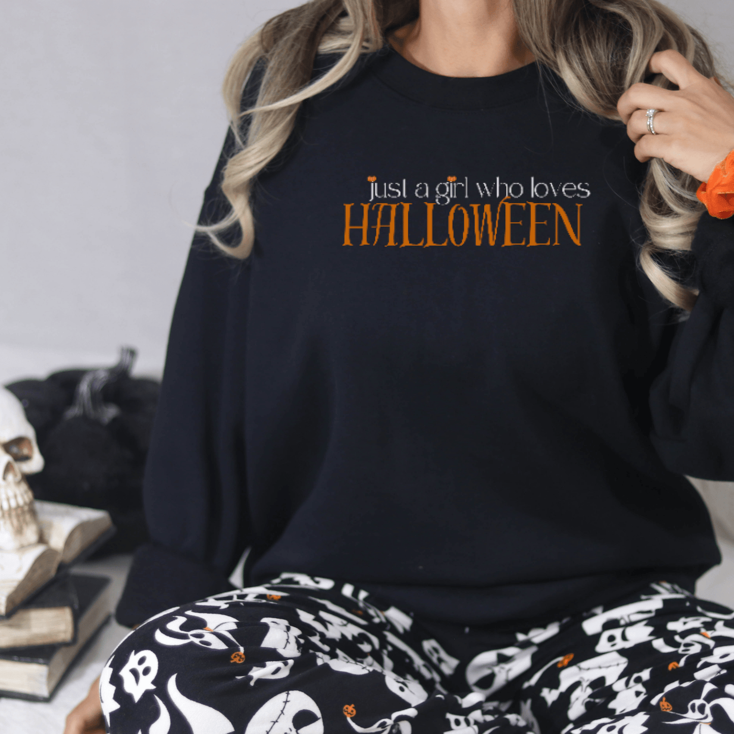 Just a Girl Who Loves Halloween Embroidered Sweatshirt - FallHallowsEmbroidered Sweatshirt