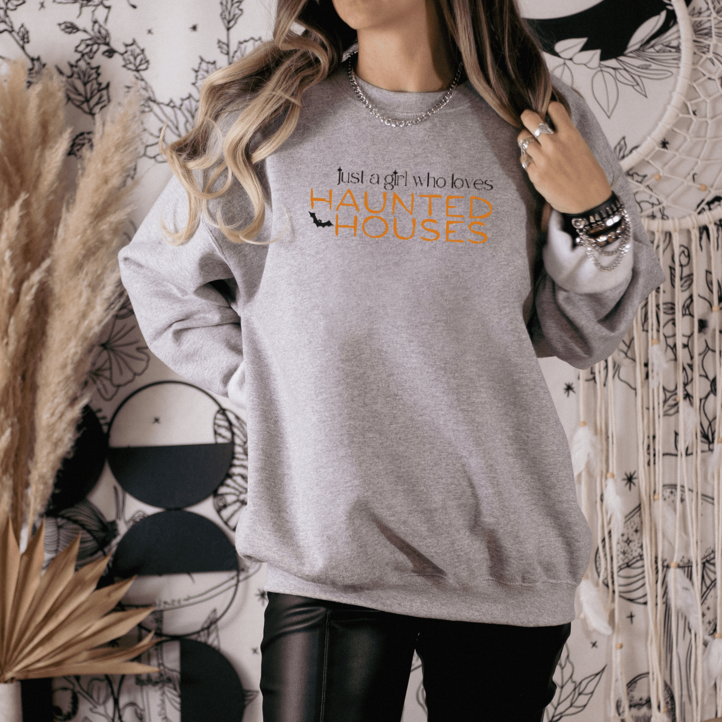 Just a Girl Who Loves Haunted Houses Embroidered Sweatshirt - FallHallowsEmbroidered Sweatshirt
