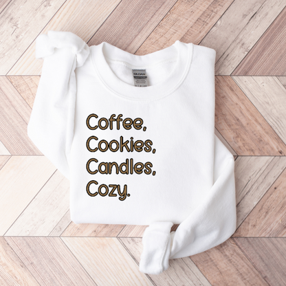 Coffee, Cookies, Candles, Cozy Embroidered Sweatshirt