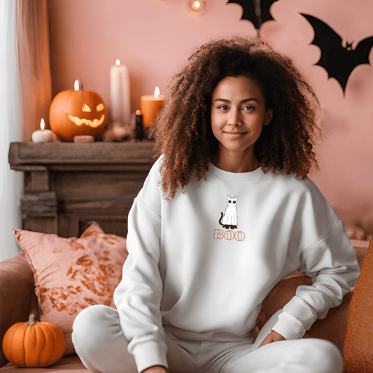 Boo Cat Sweatshirt: Embroidered Color - FallHallowsSweatshirt