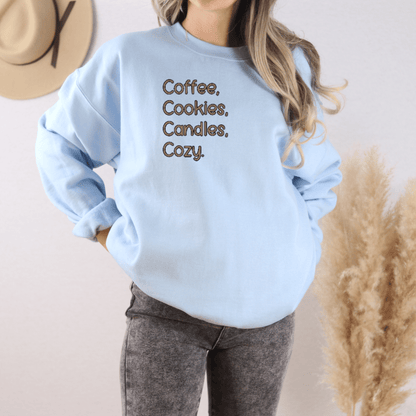 Coffee, Cookies, Candles, Cozy Embroidered Sweatshirt - FallHallowsEmbroidered Sweatshirt