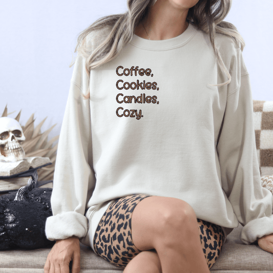 Coffee, Cookies, Candles, Cozy Embroidered Sweatshirt - FallHallowsEmbroidered Sweatshirt