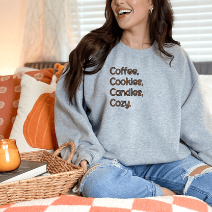 Coffee, Cookies, Candles, Cozy Embroidered Sweatshirt - FallHallowsEmbroidered Sweatshirt