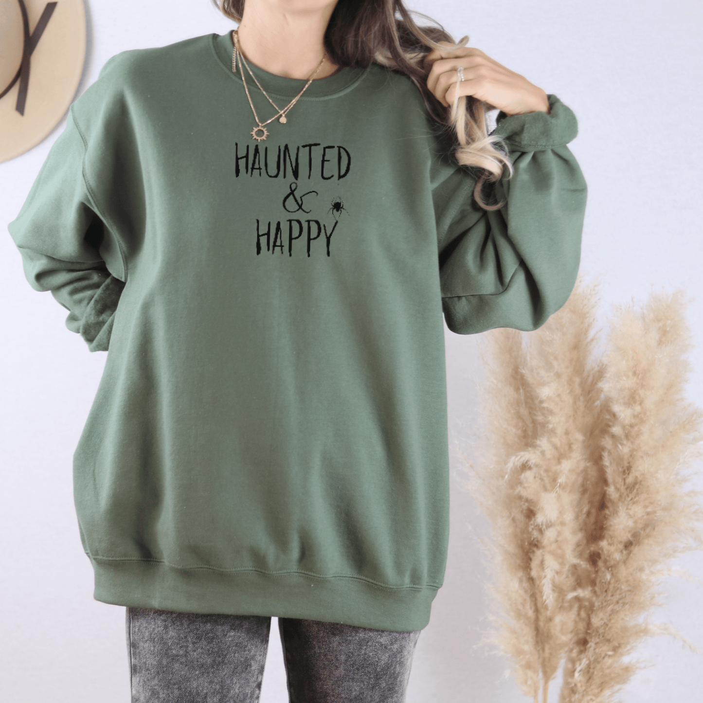 Haunted and Happy Embroidered Sweatshirt - FallHallowsEmbroidered Sweatshirt