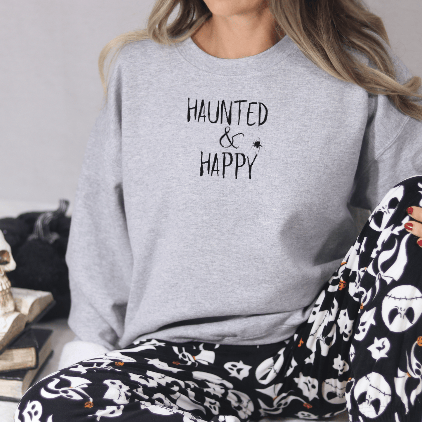 Haunted and Happy Embroidered Sweatshirt - FallHallowsEmbroidered Sweatshirt