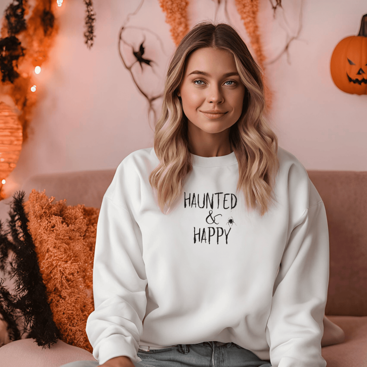 Haunted and Happy Embroidered Sweatshirt - FallHallowsEmbroidered Sweatshirt