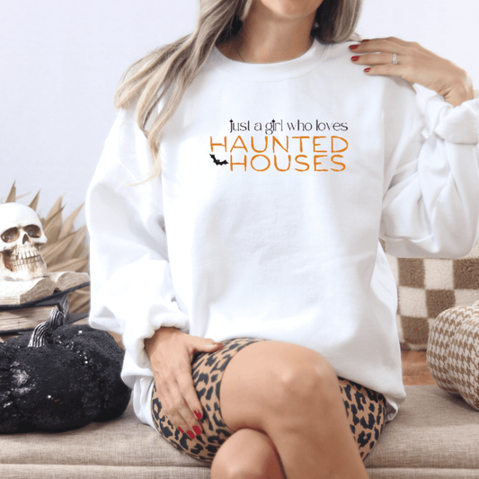 Just a Girl Who Loves Haunted Houses Embroidered Sweatshirt - FallHallowsEmbroidered Sweatshirt